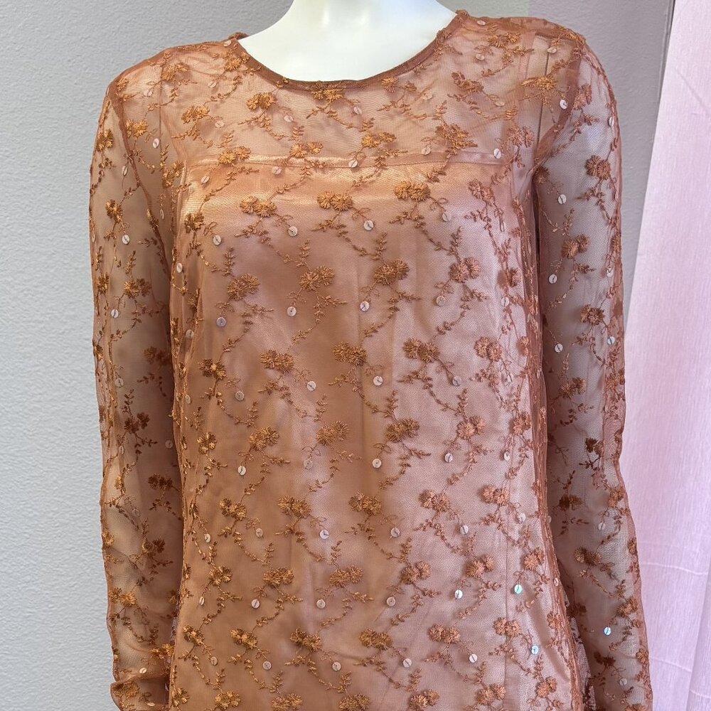 Adara Size 6 Copper Embroidered 2 Piece Set Sheer Top & Maxi Skirt